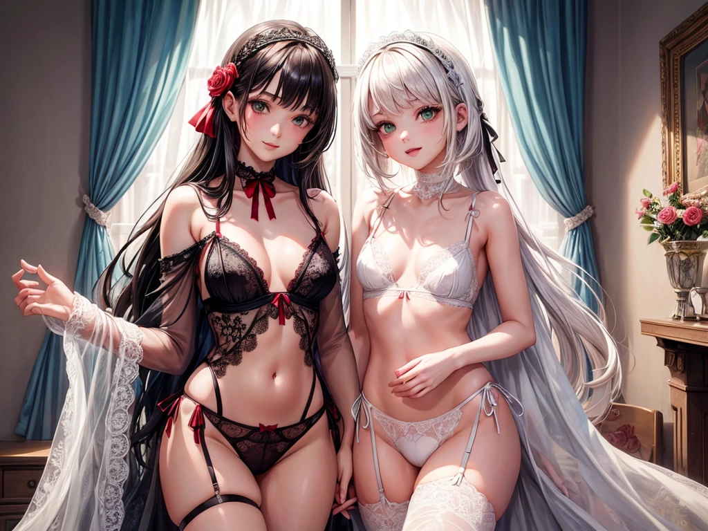 (((depict young girll))), (((one girl))), (((top-quality, masterpiece))), 4k, HD, silver hair, bob cut, one braid, (red rose in hair), green eyes, (((sofisticate lingerie))), ((lace lingerie details)), black and red lingerie, (((white ribbons))), maid, lovely, smile, happy, ((small breasts)), nice hips, (Masterpiece, Excellent, complex details), delicate girl, delicate face,