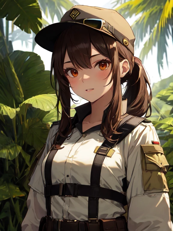 jungle, Explorer, Soldier, hat, sunglasses, Cute face:1.5, Petite:1.5, 15 years old, Long Hair:1.5, ponytail, Brown Hair, Small breasts, uhd, retina, masterpiece, ccurate, anatomically correct, textured skin, super detail, high details, high quality, best quality, highres, 4K