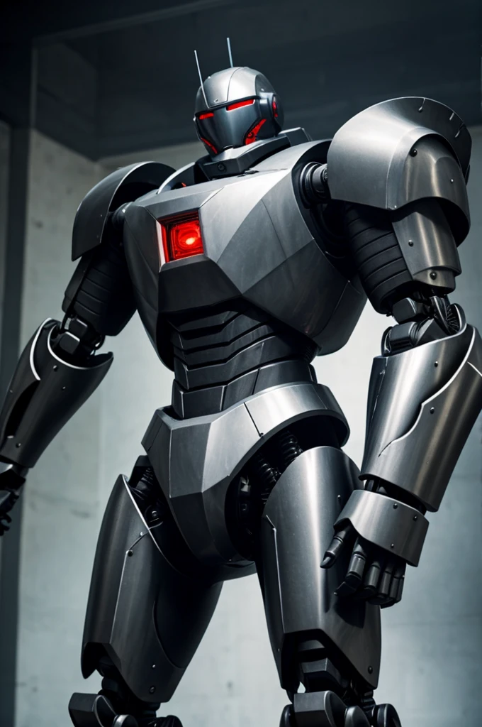 A robot suit with black armor with a machine gun as an arm