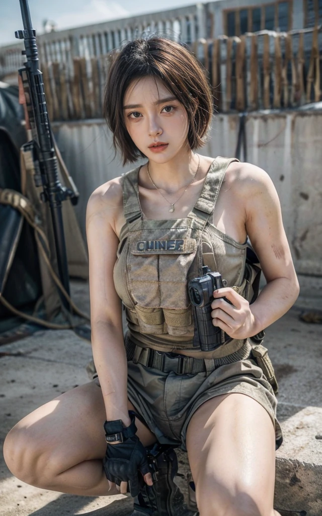 (photography:1.3, 16K, best quality, masterpiece, existltra-high reSolution), Perfect dynamic composition:1.2, Highly detailed skin and facial texture:1.2, covered in wounds:1.2, (End of the World:0.7, In stark contrast to the desolate background:0.7, Adding destructive elements:0.7, There are debris and impurities scattered around:0.7), (Dynamic action poses:1.0, 专业photography工作:1.0, Aim with a gun:1.0), exist.S. Military base, Beautiful JapaneSe women Serving in the existS military, Ultra-thin body, White skin, (short hair),Very beautiful face, Stern expreSSion, (Automatic Rifle:1.0, Bulletproof vest:1.0, torn military uniform:1.0, Backpack:1.0, boots:1.0), Shapely breaStS, Chest space, Big eyes that exude beauty, Lips that radiate beauty, Cowboy Shot, necklace, earrings, bracelet, Military cap