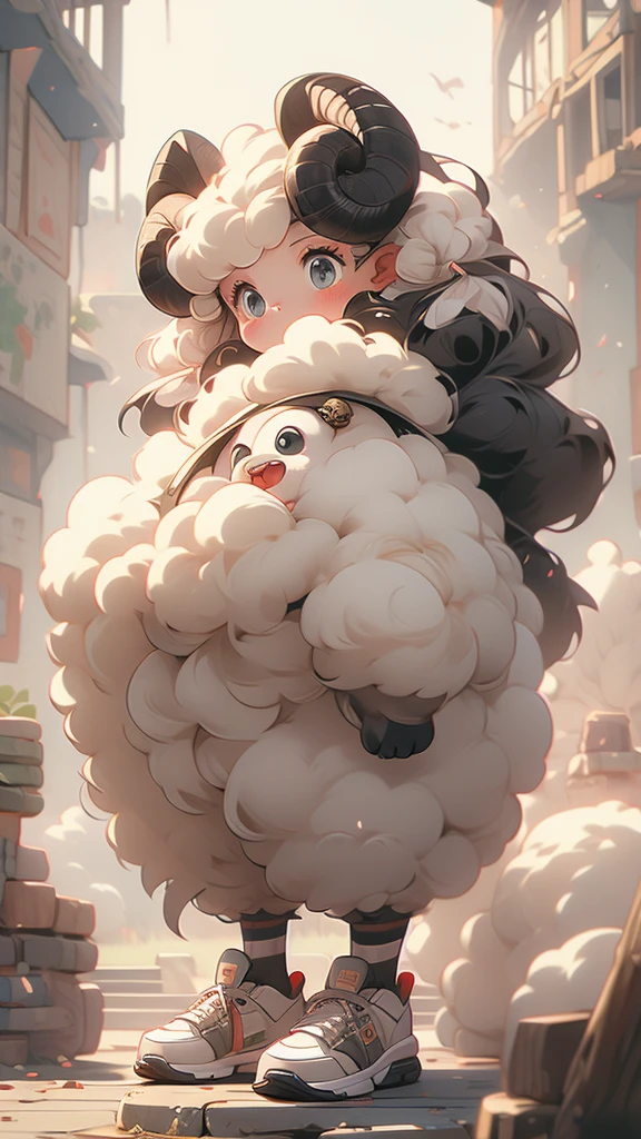 Sheep themed characters, Wearing big sneakers, サイバーパンク, Ram&#39;s horn, Keep the background simple, Magazine cover design, パステルピンクのイメージカラー, cloud hair, light smile, closed eyes, projected inset, UHD, highres, best quality, 8k