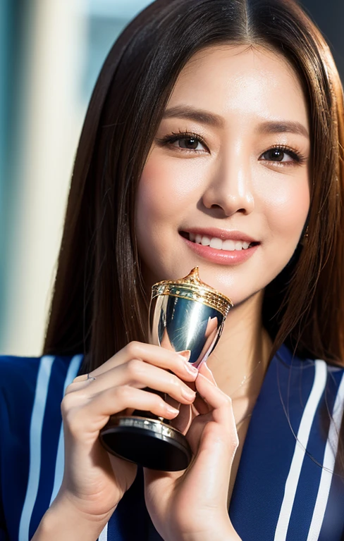 (high quality, masterpiece, 8k, (masterpiece, photorealistic:1.5), (masterpiece, ultra high resolution:1.5), (masterpiece, best quality, ultra-detailed:1.5), 1 beautiful girl, 1girl, beautiful detailed eyes, beautiful detailed lips, extremely detailed face, long eyelashes, full body, kind smile, japanese sailor uniform cosplay, convenience store, holding a trophy, intricate details, natural lighting, soft shadows, vibrant colors, elegant pose, cinematic composition, highly detailed, award winning, stunning character, breathtaking language, flawless friendly feeling, cowboy_shot, Best-comedian-award, Asia A.I. Art Awards 2025) #AAAA2025 