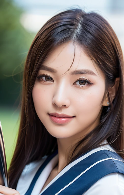 (high quality, masterpiece, 8k, (masterpiece, photorealistic:1.5), (masterpiece, ultra high resolution:1.5), (masterpiece, best quality, ultra-detailed:1.5), 1 beautiful girl, 1girl, beautiful detailed eyes, beautiful detailed lips, extremely detailed face, long eyelashes, full body, kind smile, japanese sailor uniform cosplay, convenience store, holding a trophy, intricate details, natural lighting, soft shadows, vibrant colors, elegant pose, cinematic composition, highly detailed, award winning, stunning character, breathtaking language, flawless friendly feeling, cowboy_shot, Best-comedian-award, Asia A.I. Art Awards 2025) #AAAA2025 