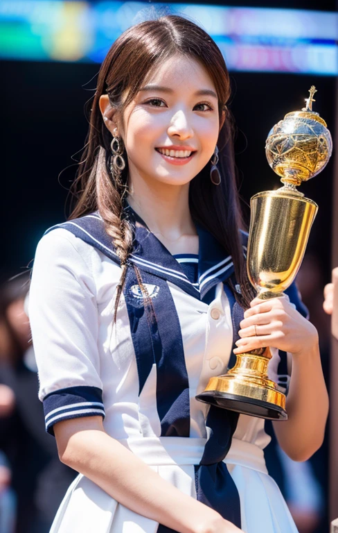 (high quality, masterpiece, 8k, (masterpiece, photorealistic:1.5), (masterpiece, ultra high resolution:1.5), (masterpiece, best quality, ultra-detailed:1.5), 1 beautiful girl, 1girl, beautiful detailed eyes, beautiful detailed lips, extremely detailed face, long eyelashes, full body, kind smile, japanese sailor uniform cosplay, convenience store, holding a trophy, intricate details, natural lighting, soft shadows, vibrant colors, elegant pose, cinematic composition, highly detailed, award winning, stunning character, breathtaking language, flawless friendly feeling, cowboy_shot, Best-comedian-award, Asia A.I. Art Awards 2025) #AAAA2025