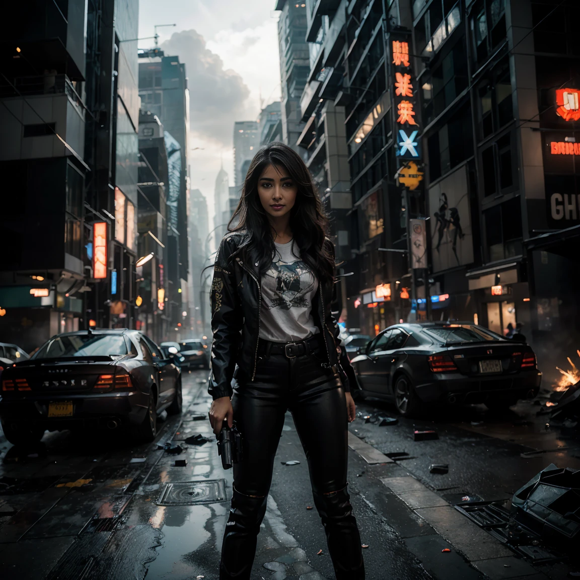 (Highest quality, Ultra HD, 16k, Masterpiece) A powerful girl Pooja Hegde walks confidently in front of her rugged, futuristic car amidst a chaotic and war-torn metropolis. The shot is a medium to long view, capturing her determined presence and the complete surroundings around her. She gazes ahead with a fierce, unyielding expression, embodying strength and resolve. She wears a fitted mecha tshirt under a stylish jacket and jeans pants, her attire blending practicality with a touch of modern flair. The jacket is detailed with guns, rifles, and utility pockets, enhancing her battle-ready appearance. Her hair is tousled and windswept, adding to her dynamic presence. The car behind her is a heavily modified, armored vehicle, its exterior scarred from countless battles. It stands as a testament to her resilience and resourcefulness, with various gadgets and weapons mounted on its frame. The car's sleek, complements the overall gritty atmosphere. In the background, the entire skyline of the metropolis is visible, partially obscured by smoke and ash. Skyscrapers tower amidst the chaos, many of them heavily damaged with gaping holes and crumbling facades. Explosions light up the scene, casting an eerie glow over the widespread destruction. Spaceships hover menacingly in the sky, engaged in fierce aerial battles, their sleek designs contrasting with the devastation below. The ground is littered with debris and remnants of destroyed structures, adding to the sense of a world torn apart by conflict. Scraps of metal, shattered glass, and remnants of vehicles are scattered across the landscape. The lighting is dramatic, with sharp contrasts that highlight the textures of her attire and the metallic surface of her car. The interplay of light and shadow emphasizes the intense expression on her face and the chaos in the background. Hollywood action movie. Action film, ((tshirt)), (((fully covered mecha tshirt))), (((mecha jacket on top))), (((guns))), (((smiling)))