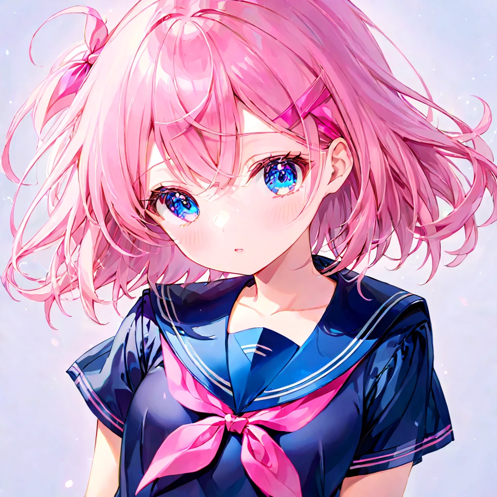 (1 girl),(Best Picture Quality, 8K, Masterpiece:1.3), (high school student:1.5), ((pink lob hair:1.1)), (bob cut),(swept bangs), (cute eyes, pupil black, iris skyblue, youthful face), (mole under right eye), (standard weight), (small breasts),(big hip), (glistening skin:1.1),(pale skin:1.2), ((serafuku, white sailor short sleeve simple shirt, darkblue skirt, darkblue sailor collar, pink ribbon)).