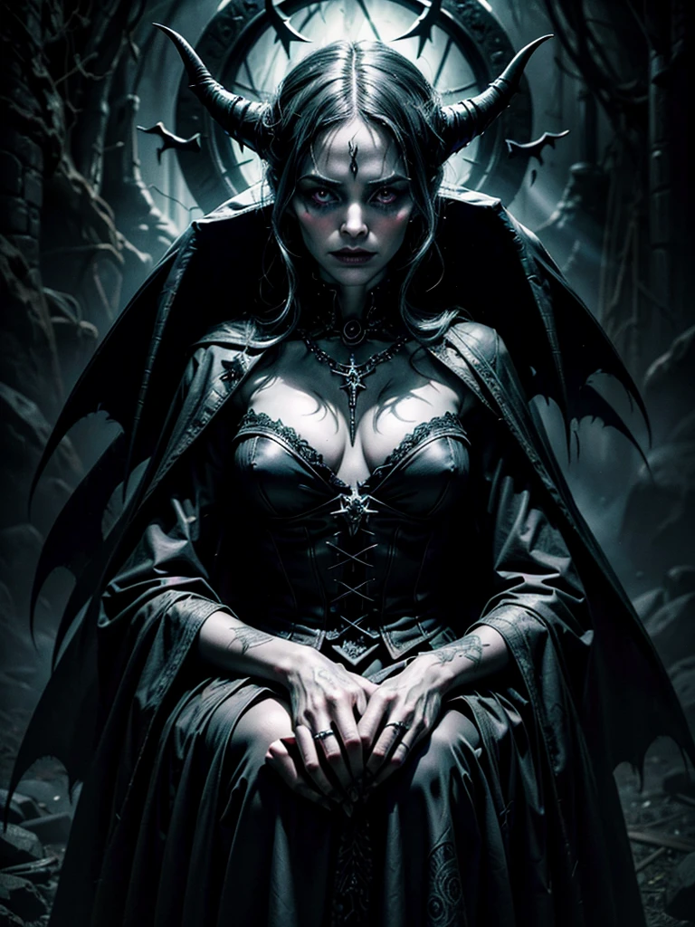 a witch woman inside a pentagram circle, demon, performing ritual to evoke evil spirits, dark fantasy, dark magic, occult, ominous atmosphere, dramatic lighting, moody colors, chiaroscuro, intricate details, cinematic composition, (best quality,4k,8k,highres,masterpiece:1.2),ultra-detailed,(realistic,photorealistic,photo-realistic:1.37),dramatic shadows, dramatic highlights, dark and moody tones, vibrant colors, horror, gothic, occult symbols, dark magic ritual, demonic ritual, supernatural, mystical, esoteric, arcane, mysterious, creepy, sinister, ominous, foreboding, forbidding, grim, gritty, gloomy, somber, ominous, eerie, unsettling, disturbing, haunting, macabre, sinister, malevolent, maleficent, malicious, nefarious, wicked, devilish, fiendish, hellish, diabolical, satanic, infernal, dark arts, black magic, dark sorcery, occult practice, witchcraft, necromancy, conjuration, summoning, invocation, incantation