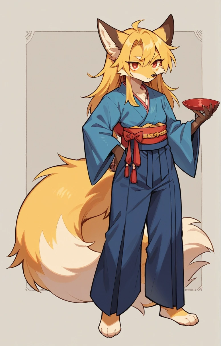 (full body,,The left hand is on the hip),((The right hand is out in front,Fluffy tail,,)),small breasts,Adult female fox,One Girl, Furry, Golden fur, Golden facial fur, long golden hair, The hair on his hands is golden, Golden yellow hair on the back of the hand, Light-filled eyes, Red eyes, Brown elements of fur,(Dark blue kimono,Dark blue hakama),Very fine fur, Fluffy tail,