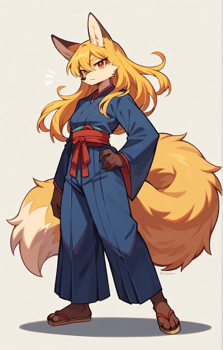(full body,,The left hand is on the hip),((The right hand is out in front,Fluffy tail,,)),small breasts,Adult female fox,One Girl, Furry, Golden fur, Golden facial fur, long golden hair, The hair on his hands is golden, Golden yellow hair on the back of the hand, Light-filled eyes, Red eyes, Brown elements of fur,(Dark blue kimono,Dark blue hakama),Very fine fur, Fluffy tail,