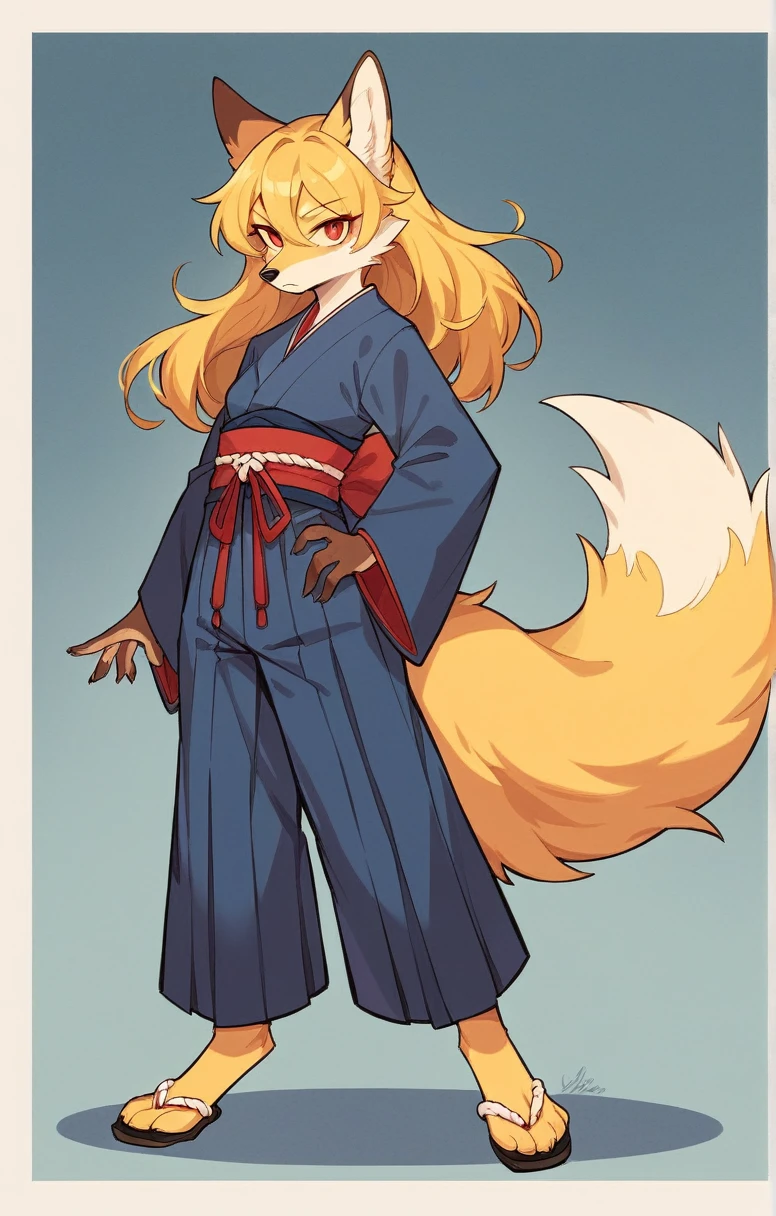 (full body,,The left hand is on the hip),((The right hand is out in front,Fluffy tail,,)),small breasts,Adult female fox,One Girl, Furry, Golden fur, Golden facial fur, long golden hair, The hair on his hands is golden, Golden yellow hair on the back of the hand, Light-filled eyes, Red eyes, Brown elements of fur,(Dark blue kimono,Dark blue hakama),Very fine fur, Fluffy tail,