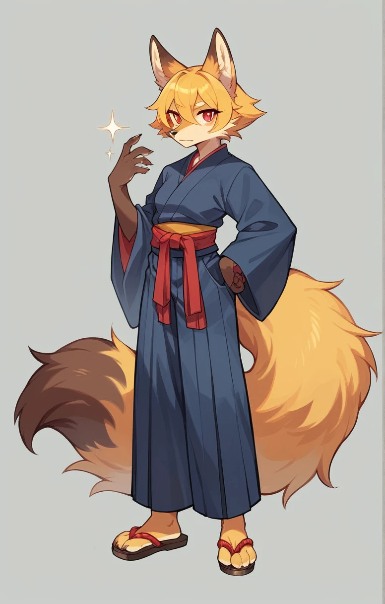 (full body,,The left hand is on the hip),((The right hand is out in front,Fluffy tail,,)),small breasts,Adult female fox,One Girl, Furry, Golden fur, Golden facial fur, long golden hair, The hair on his hands is golden, Golden yellow hair on the back of the hand, Light-filled eyes, Red eyes, Brown elements of fur,(Dark blue kimono,Dark blue hakama),Very fine fur, Fluffy tail,