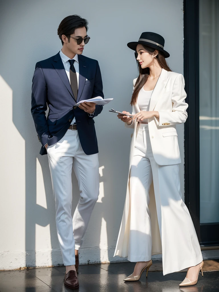 A captivating watercolor featuring a fashionably dressed man with an air of sophistication together with his stunningly beautiful female partner. He dons a casual yet elegant outfit, consisting of a tailored suit, a stylish hat, and a pair of sunglasses. She is dressed on white pants and elegant jacket with high heals. The background is a mesmerizing blend of ink splashes, creating a modern and artistic atmosphere. The playful ink splatters intermingle with the painting's splendor, showcasing a harmonious balance between style and creativity. The couples confident pose and the artist's skillful brushwork come together to create an image of unrivaled elegance and refinement., illustration, fashion, painting, photo