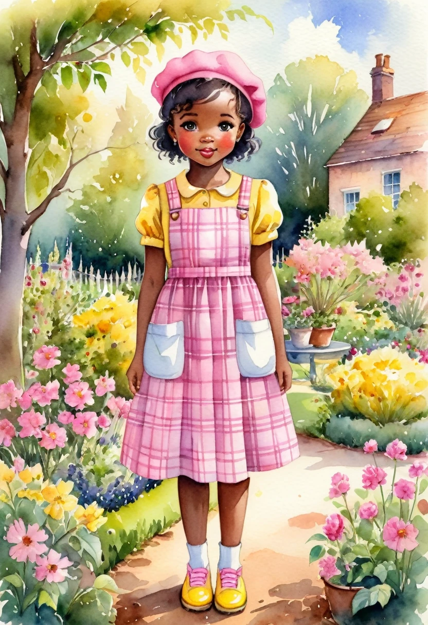 An adorable watercolor scene of a young African girl in a pink beret, Standing in a garden. She is dressed in a yellow plaid dress and a pink apron, complemented by yellow shoes. The style is detailed and cute art with cartoon touches.