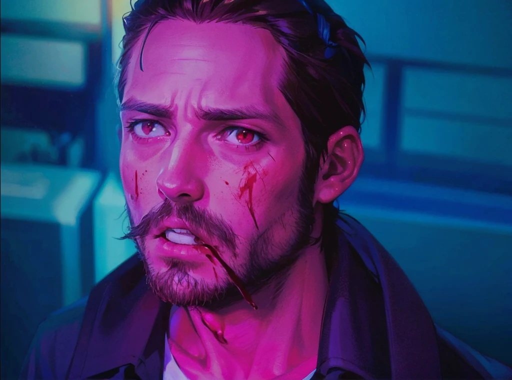 Male, brown hair, red eyes, pony tail, blood, nose bandage