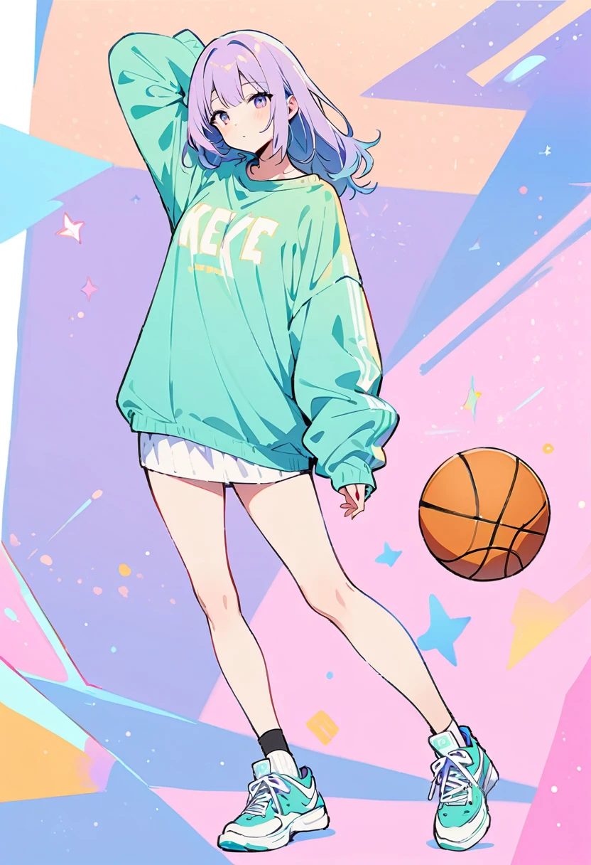 (masterpiece, Highest quality:1.2), 1 girl, alone, A loose fitting jumper, short, Basketball Shoes, Ankle socks, whole body, pastel colour