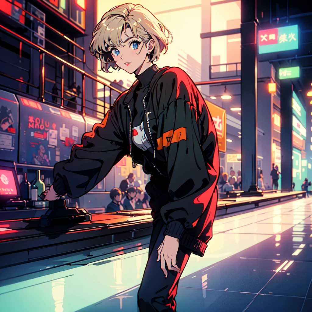 A city pop poster with a retro 80s feel、Imagine the album cover。With the highest quality anime illustrations、There is one blonde girl with short hair.。Her eyes shine blue、Dressed in rapper style clothing、I'm wearing headphones。
The image is in a dynamic pose.、Drawn from a novel angle。Created in high definition like 4K、Creates the feeling of being in a dark room。The room was lit by blue lights.、It has a fantastic atmosphere。The room is a small space like a 1K.、The window offers a view of downtown Shinjuku.。
This work depicts a night city enveloped in neon lights.、This will be a record that allows you to fully enjoy the charm of city pop.。