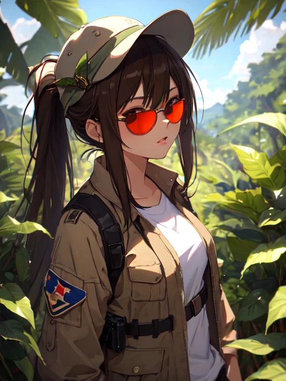 jungle, Explorer, Soldier, hat, sunglasses, Cute face:1.5, Petite:1.5, , Long Hair:1.5, ponytail, Brown Hair, Small breasts, uhd, retina, masterpiece, ccurate, anatomically correct, textured skin, super detail, high details, high quality, best quality, highres, 4K