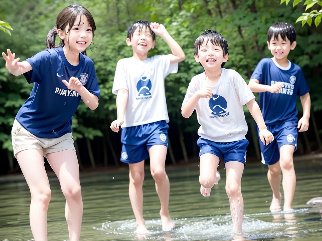 In the forest、Children in the countryside、Swimming in the river、Bathing in water、水でGet wet all over、Cute elementary school boy、10Year old boy、Boy in gym clothes、The bottom of the white T-shirt is blue、Blue shorts、The boys are playing、Get wet all over、The laughter of boys can be heard from afar、Splashing Water、Japanese、(Boy 1.4)、high resolution、Highest quality
