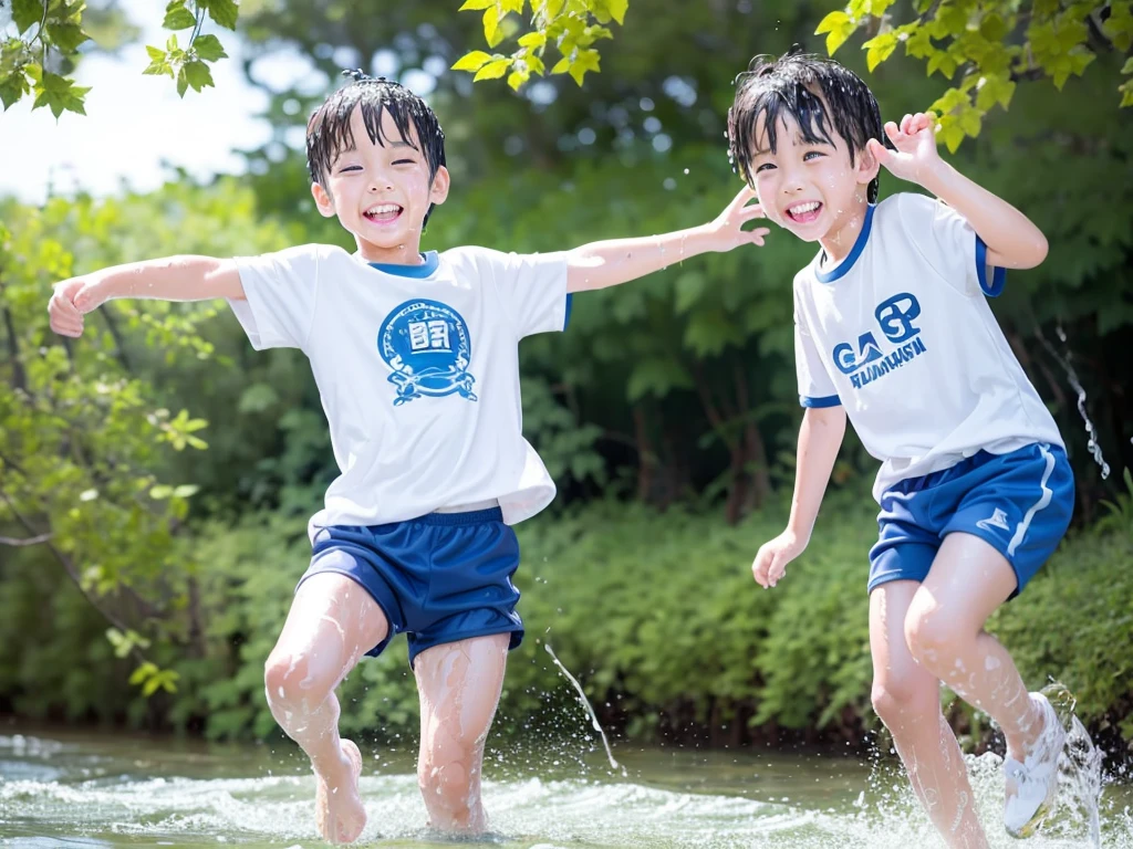 In the forest、 in the countryside、Swimming in the river、Bathing in water、水でGet wet all over、Cute eletary boy、Boy in gym clothes、The bottom of the white T-shirt is blue、Blue shorts、The boys are playing、Get wet all over、The laughter of boys can be heard from afar、Splashing Water、Japanese、(Boy 1.4)、high resolution、Highest quality