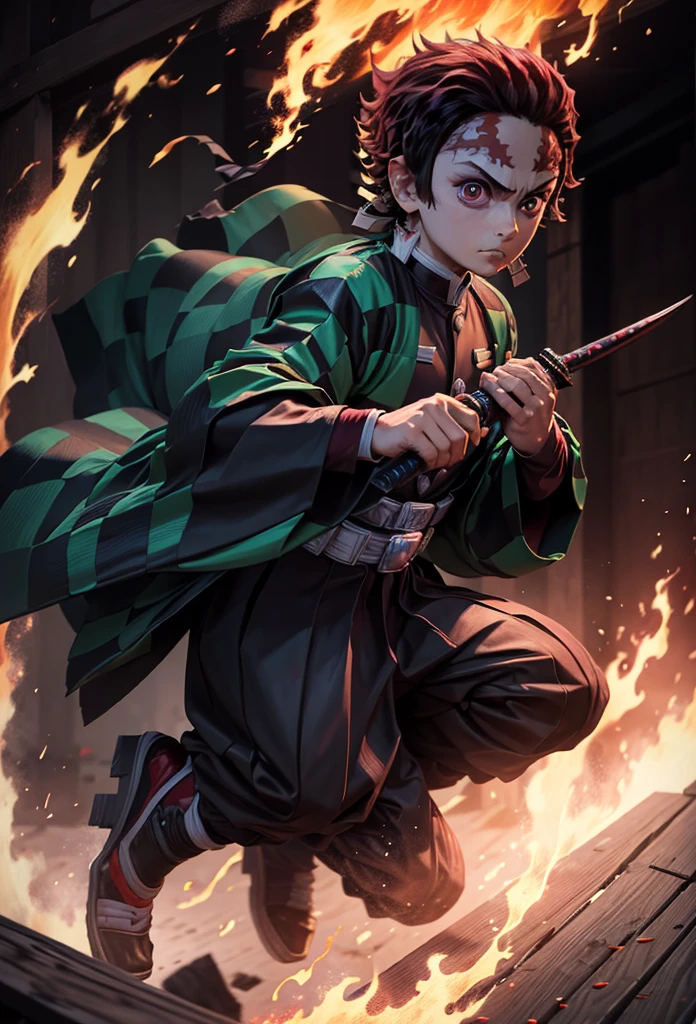 Kamado Tanjiro,(Kimetsu No Yaiba),Full Style,Ultra High Quality,Ultra High Resolution,Photograph 8K,Holding a Katana,One Boy,Ultra Detailed ,Demon Hunter Suit,Hino Kami Kagura Teknik