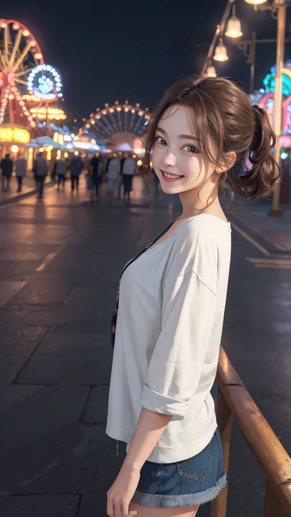 masterpiece, Highest quality, Highly detailed CG Unity 8K wallpapers, pretty girl, she, Casual clothing, smile, amusement park, night, Detailed Background, From the side,