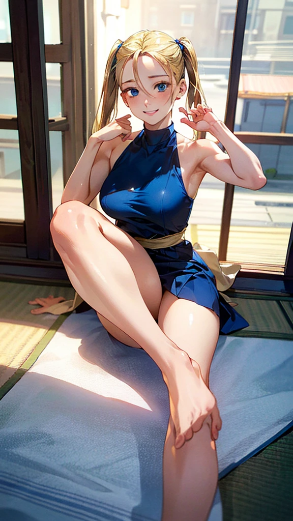 (masterpiece:1.3, Highest quality, Ultra-high resolution, Very detailed), (Realistic, photoRealistic:1.4), Beautiful illustrations, Perfect lighting, Natural light, colorful, Written boundary depth, NFSW,
View your viewers, 1 Girl, Japanese, high school girl, Perfect Face, Cute and symmetrical face, Shiny skin, Sunburned skin,
(Twin tails:1.5, Blonde), Hair between the eyes, blue eyes, (Large Breasts, seductive Thighs, Big Ass), Thighs, sum,
Beautiful Hair, Beautiful Face, Beautiful attention to detail, Beautiful clavicle, Beautiful body, Beautiful breasts, 美しいThighs, Beautiful feet, Beautiful fingers,
(Beautiful views), (Fighting pose), (Cammy), (Captivating smile,)