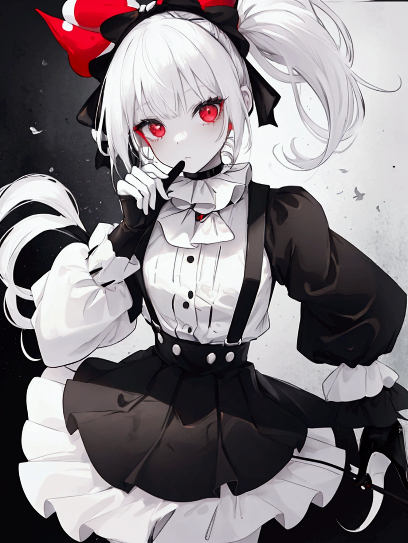 1 girl clown girl, ((clown)), White hair, pale skin, two long pony tails, black and white hair, one white ponytail, one black ponytail, black skirt with layers down,white shirt, black suspenders with the skirt, black buttons on the shirt, white sleeves, black gloves, clown make up, red eyes, a black big hammer, black and white shoes