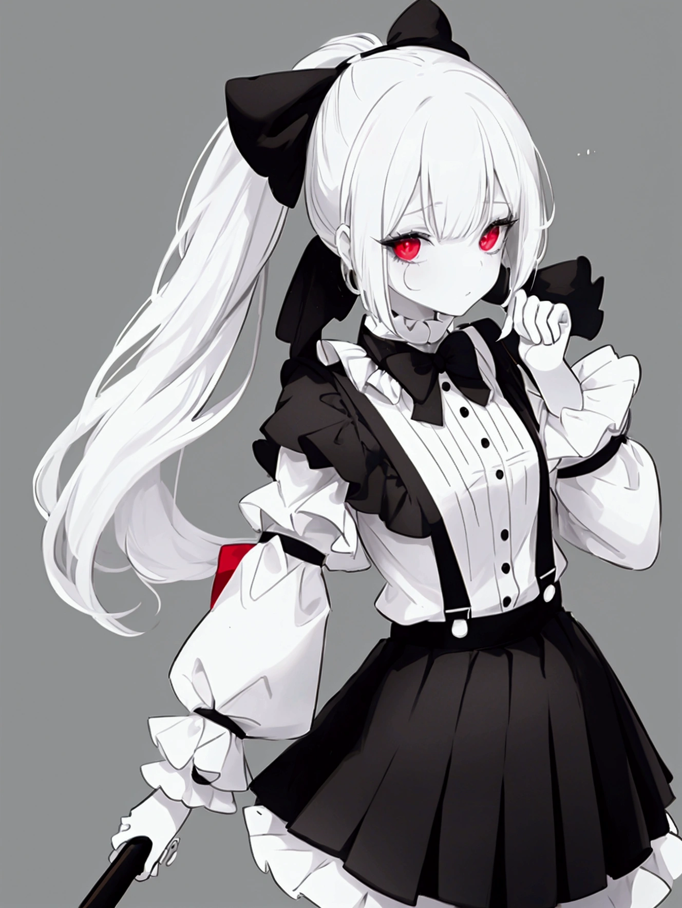 1 girl clown girl, ((clown)), White hair, pale skin, two long pony tails, black and white hair, one white ponytail, one black ponytail, black skirt with layers down,white shirt, black suspenders with the skirt, black buttons on the shirt, white sleeves, black gloves, clown make up, red eyes, a black big hammer, black and white shoes