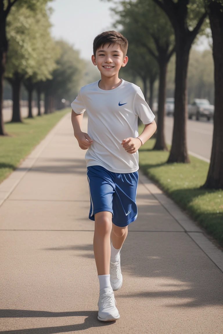 ,Smile，Spread your white and slender legs，jogging，full body，8K facial features are exquisite，Handsome boyish feeling，8k，masterpiece,((best quality)),photography,photograph
