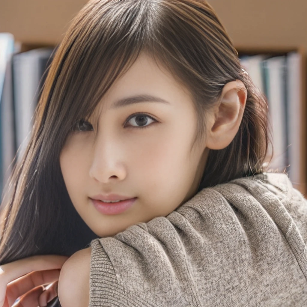 (超High resolution, masterpiece, Anatomically correct, Textured skin, Super Detail, Highest quality, High resolution, 8k, bloom, Front light:1.2, Perfect dynamic composition), (24-years-old, 1 person, Cute and sexy high school teacher, Sexy Face, Long face, Distant eyes, Gentle eyelids, Thin eyebrows, Gentle corner of the eye, Hawk-like nose:1.4, It will totally charm you, Eyes that feel erotic, A taste of beautiful eroticism, Too cute beauty), break, Absurd, (Wear a button-up shirt, Grey formal jacket), (Captivating smile:0.8), (View your viewers), (Long Hair, Inward curls, bangs, Smooth Hair), (Beige hair:1.2), (Chest close-up: 1.3), ((Very close relationship:1.4)), Mid-chest, ((Place your hands on the table:1.2, Facing each other across the table:1.2)), ((In the school library)), (Shooting from above:1.2), Keiko Kitagawa:1.4
