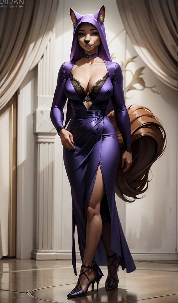 UHD 8k, HDR+, CARTOON_MaidMarian_ownwaifu, furry female fox, animal ears, black eyes, animal nose, orange fur, tail,veil,purple dress, long sleeves,choker, looking at viewer, serious, standing, outside, forest, natural lighting, high quality, masterpiece, (satin lace cleavage), ((sexy)), High heels, high heels, Against the background of the chic modern apartment, detailed background, realistic, 1girl, solo girl, 25 year old girl, ultra realistic face, hyperrealistic, hyperdetailed, (looking at viewers), sharpen, detailed face, detailed eyes, detailed lips, red lips, beautiful face, 16k, FHD, raw photo, cute face mesh, pretty face mesh, portrait shot 8 k