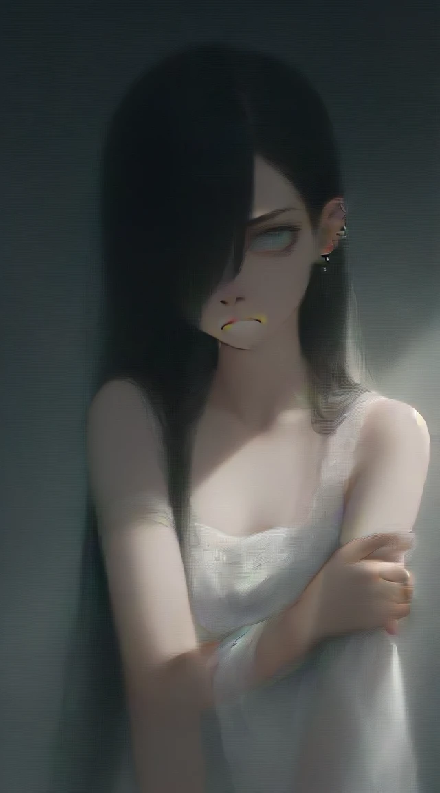 best quality, aesthetic, detailed, by iwzry, young girl, , 1girl, solo, long hair, black hair, hair over one eye, piercing, head on arm, frown