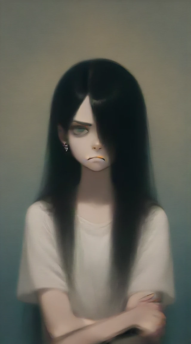 best quality, aesthetic, detailed, by iwzry, young girl, , 1girl, solo, long hair, black hair, hair over one eye, piercing, head on arm, frown