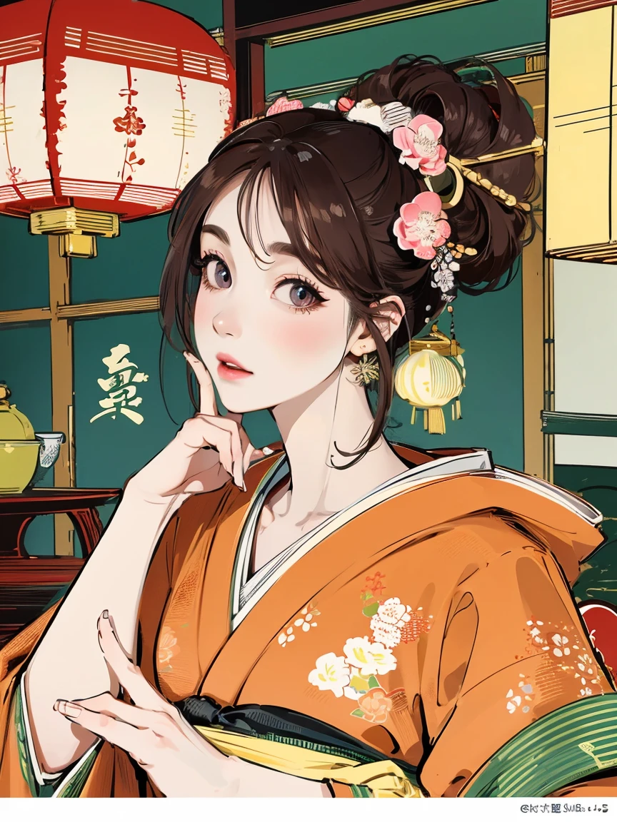 (Highest quality、 8k 、masterpiece、High resolution)、(whole body)、Vibrant colors、Brown-black bob、Traditional topknot、Ample breasts、(Highly detailed face and eyes,Beautiful Face,Beautiful Eyes,Beautiful nose,Pretty lips)、Official Art、Ukiyo-e style、 (Beautiful woman in kimono)、(Vivid floral patterned kimono)、background、river、bridge、Mountain、wood、Starry Sky、moon、plum、Lantern、Detailed CG、