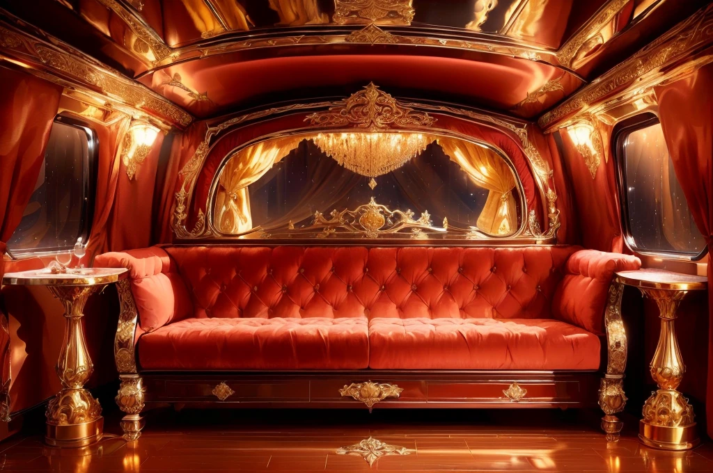 (masterpiece),(highest quality), highres, (extremely detailed), (best lighting) a close up of a luxurious crimson couch in a room with a window and encrusted red ruby in floral aplique, elegant golden silk curtains on all windows, more curtains, ornate drapery, no items on the tables, royal interior, carriage, extremely opulent, baroque, elegant and ornate, gold and luxury materials, dark wood reflective floor, night sky view from windows, exquisitely designed throne room, symmetrical environment, red and golden color details, high end interior, luxurious environment, neo - gypsy caravan, in majestic, elegant interior, by Julia Pishtar