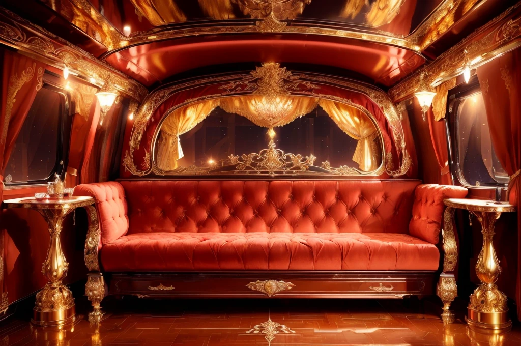 (masterpiece),(highest quality), highres, (extremely detailed), (best lighting) a close up of a luxurious crimson couch in a room with a window and encrusted red ruby in floral aplique, elegant golden silk curtains on all windows, more curtains, ornate drapery, no items on the tables, royal interior, carriage, extremely opulent, baroque, elegant and ornate, gold and luxury materials, dark wood reflective floor, night sky view from windows, exquisitely designed throne room, symmetrical environment, red and golden color details, high end interior, luxurious environment, neo - gypsy caravan, in majestic, elegant interior, by Julia Pishtar