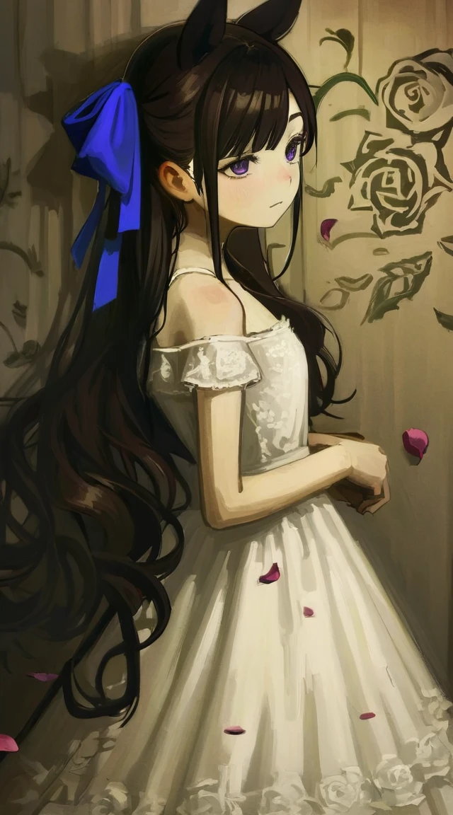 best quality, aesthetic, detailed, by iwzry, by solipsist, 1girl, young girl, rice shower, brown hair, hair over one eye, long hair, horse ears, horse tail, purple eyes, squiggle, black rose, blue bow, blue ribbon, blue rose, purple rose, rose petals
BREAK
wedding dress, (dark room), dramatic lighting, shadow dim light