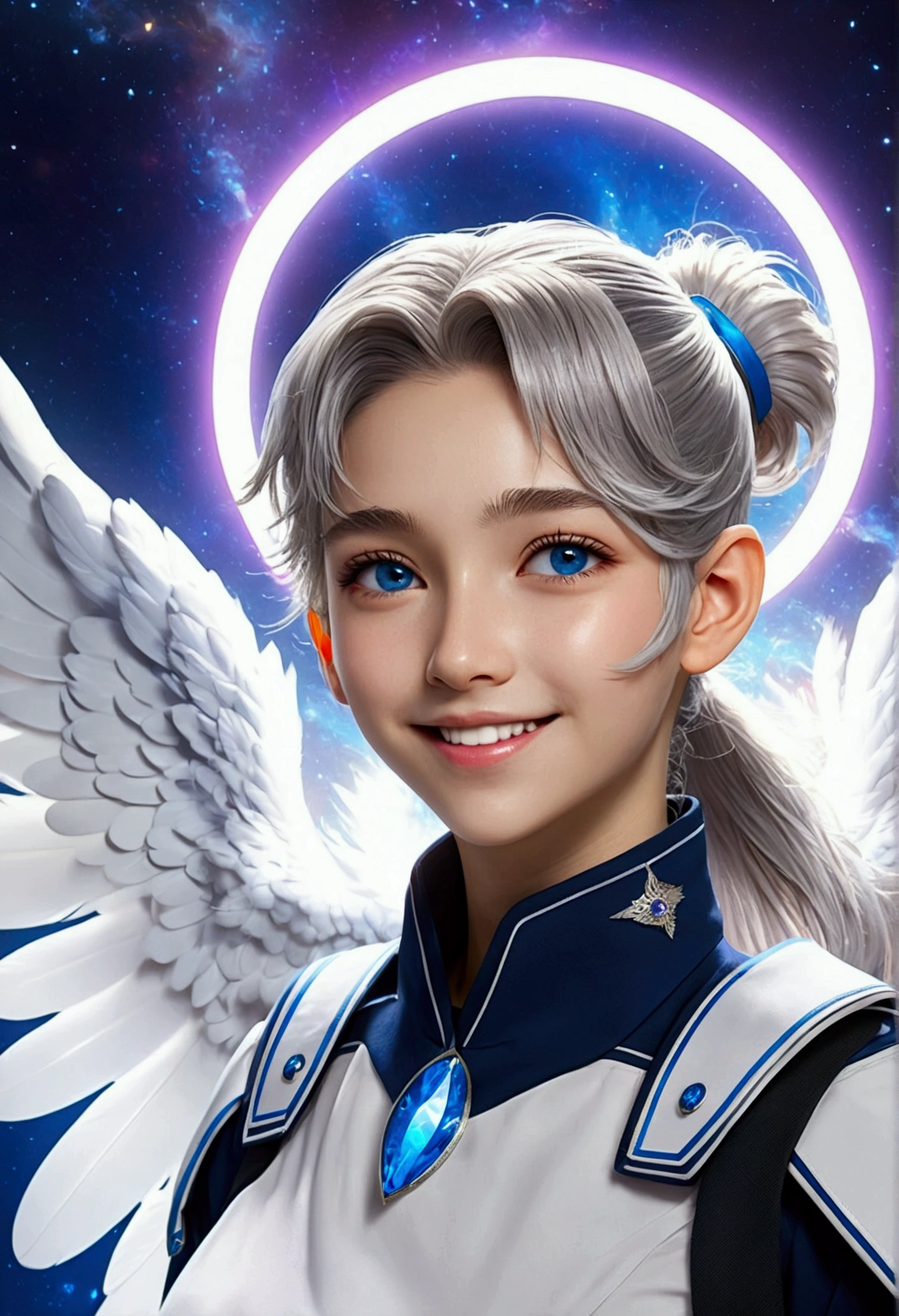 ((((Archangel、4feather、Angel Halo Galaxy Background)))) (((uniform Gray Hair、ponytail White skin、Neon blue eyes、Pop Star))) ((Pillar of Light)) (tears smile) Shining Edges、Shining Background