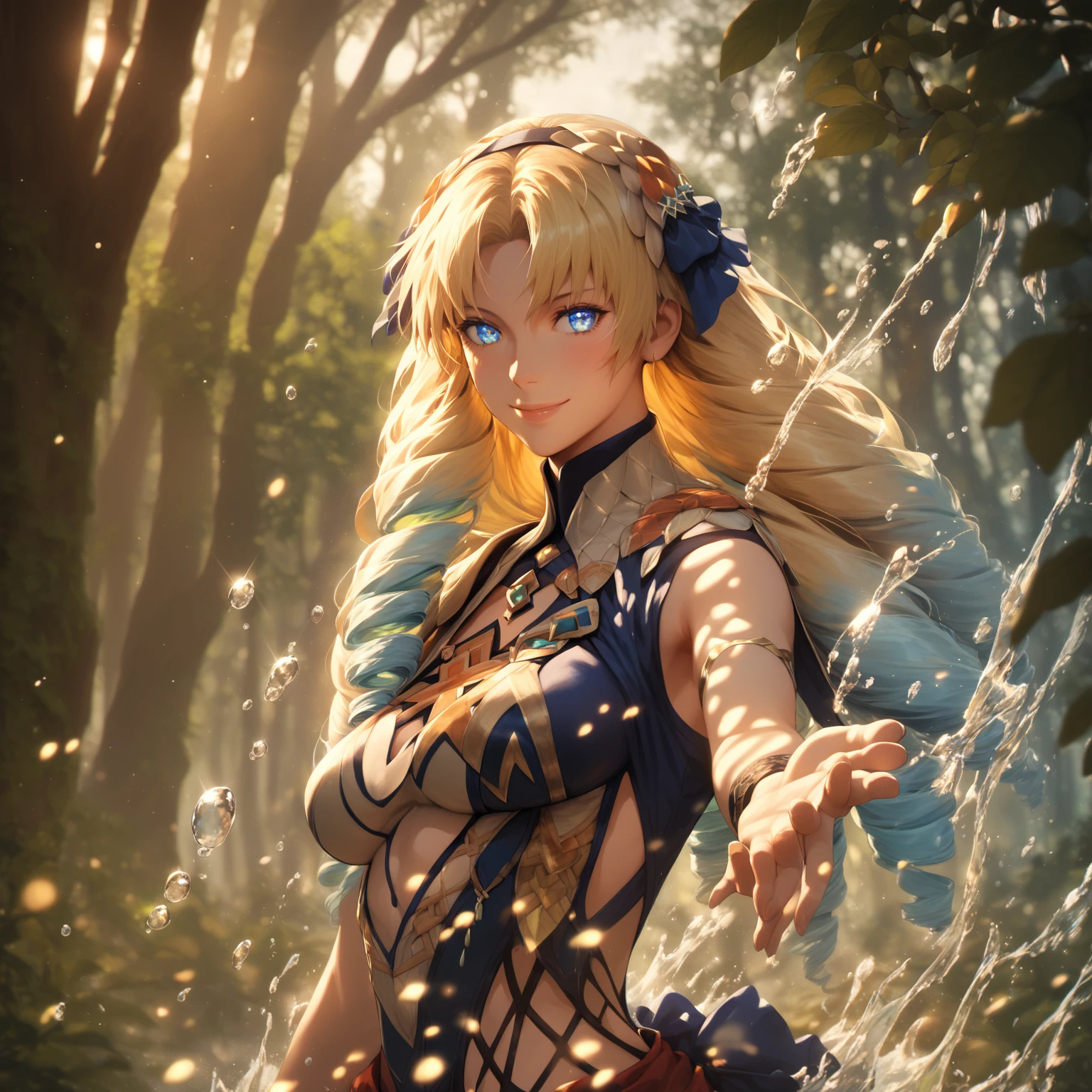 (asura art style:0.7), (hero neisan art style:0.7), score_9, score_8_up, score_7_up, score_6_up, Luviagelita_Edelfelt, blonde hair, long hair, bangs, drill hair, blue eyes, BREAK (masterpiece:1.2), best quality, high resolution, (detailed eyes:1.3), perfect lighting, (perfect hands, perfect anatomy), large breasts, blonde hair, 1girl, solo, jewelry, necklace, looking at viewer, sleeveless, wristband, smile, glow effect, bokeh, fantasy art, water drop, forest, backlighting, fade in, 