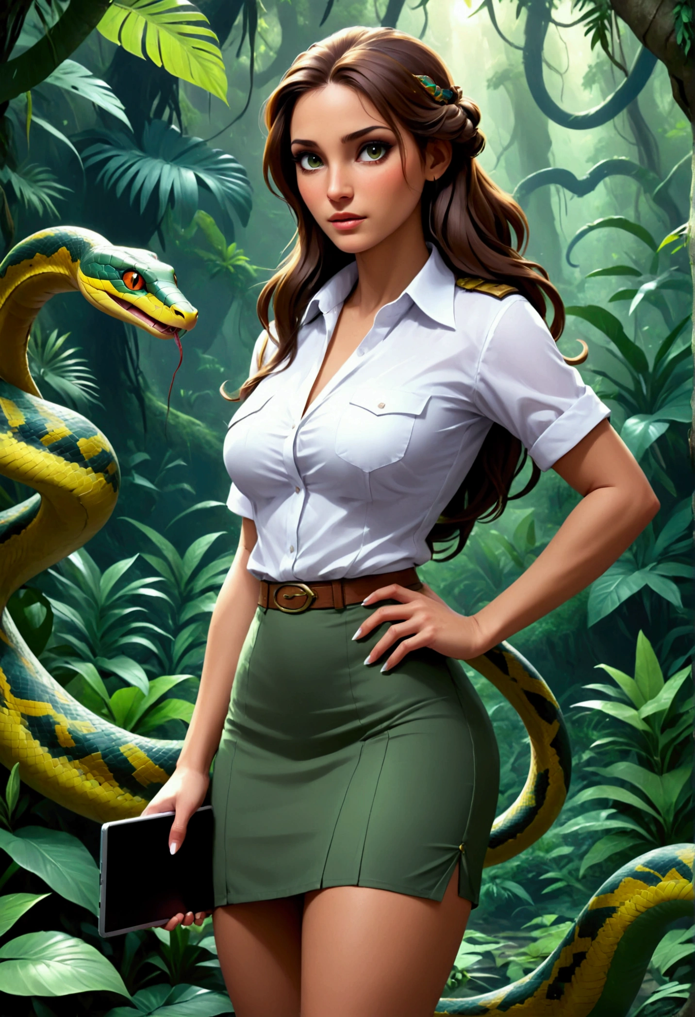 high details, best quality, 16k, [ultra detailed], masterpiece, best quality, dynamic angle, ultra wide shot, RAW, photorealistic, fantasy art, realistic art, a picture of a computer engineer (holding a laptop:1.1) getting lost in the jungle, computer engineer, wearing white button shirt, dynamic skirt, dynamic colors, wearing stiletto heels, full body, (an extremely beautiful: 1.3), (best detailed face: 1.4), dynamic hir color, dynamic hair style, dynamic eyes color, sense of confusion, sense of helplessness, jungle trees, plenty of (jungle veins: 1.2), (jungle flowers: 1.1), a (snake: 1.3) lurking by, high details, fantasy art, RPG art best quality, 16k, ultra detailed, masterpiece, best quality, (ultra detailed), full body, ultra wide shot, photorealistic, Hyperrealism style