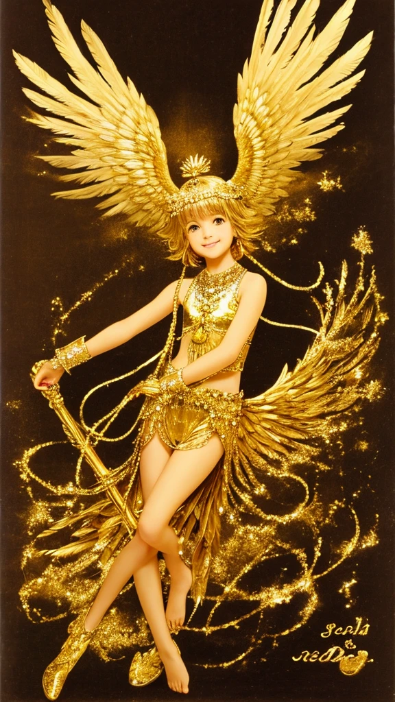 ，***********，gold，Feather，front，whole body，smile，Angel，goldの空