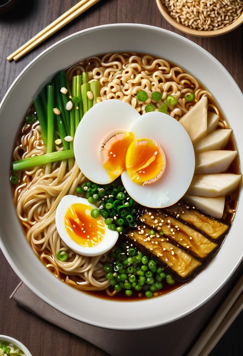 detailed bowl of cold ramen, detailed noodles, detailed chilled ramen, detailed chilled noodles, detailed bamboo shoots, detailed green onions, detailed soft boiled egg, detailed sesame seeds, detailed soy sauce, detailed japanese food, detailed japanese cuisine, (best quality,4k,8k,highres,masterpiece:1.2),ultra-detailed,(realistic,photorealistic,photo-realistic:1.37),vivid colors,natural lighting