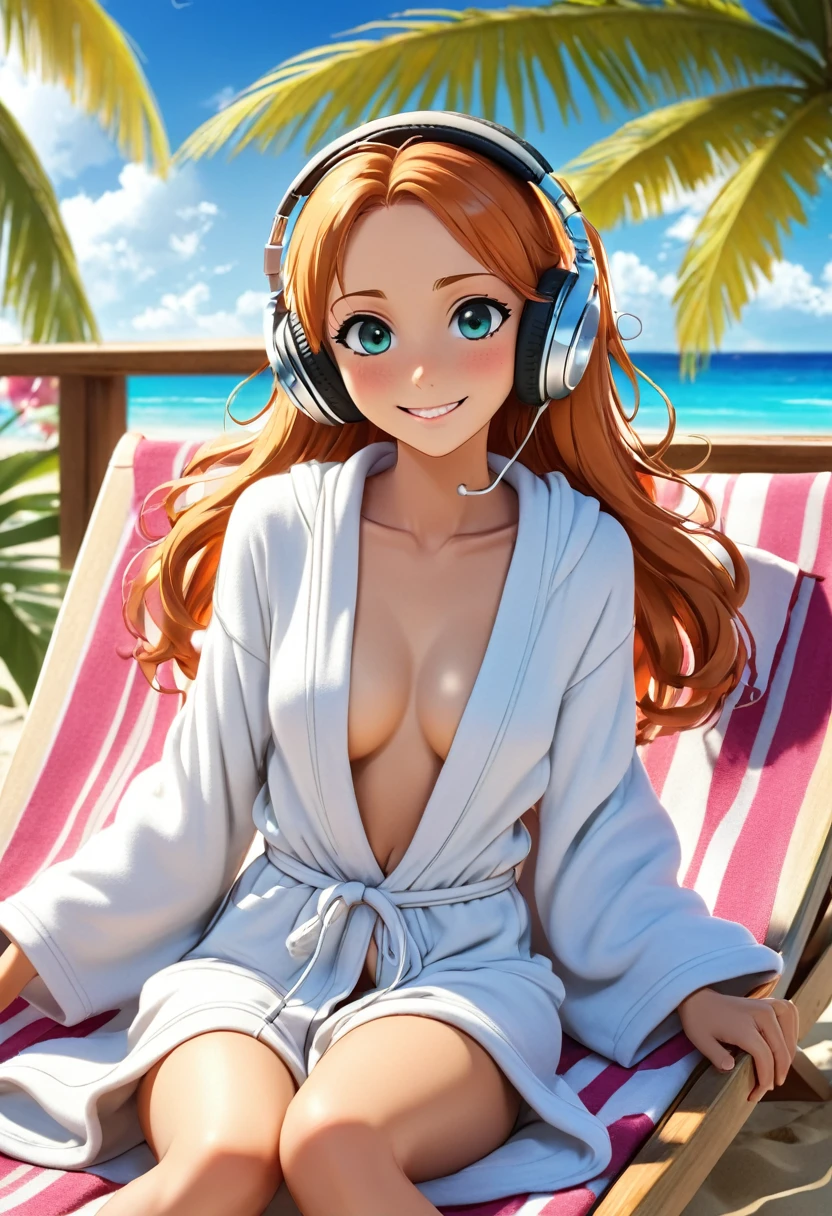 128k Bluray Extreme UHD 4K high quality image of anime At a beautiful summer resort, a woman is reclining on a sunbed. She is wearing headphones and listening to music, dressed in a Beach robes cardigan. She looks at me with a radiant smile