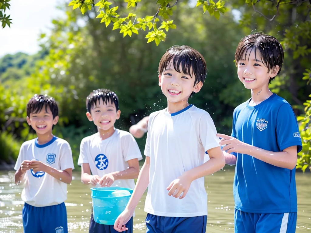In the forest、 in the countryside、Swimming in the river、Bathing in water、水でGet wet all over、Cute eletary boy、Boy in gym clothes、The bottom of the white T-shirt is blue、Blue shorts、The boys are playing、Get wet all over、The laughter of boys can be heard from afar、Splashing Water、Japanese、(Boy 1.4)、high resolution、Highest quality