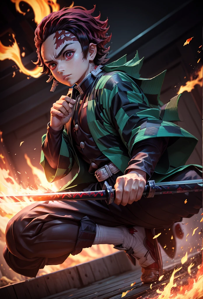 Kamado Tanjiro,(Kimetsu No Yaiba),Full Style,Ultra High Quality,Ultra High Resolution,Photograph 8K,Holding a Katana,One Boy,Ultra Detailed ,Demon Hunter Suit,Hino Kami Kagura Teknik