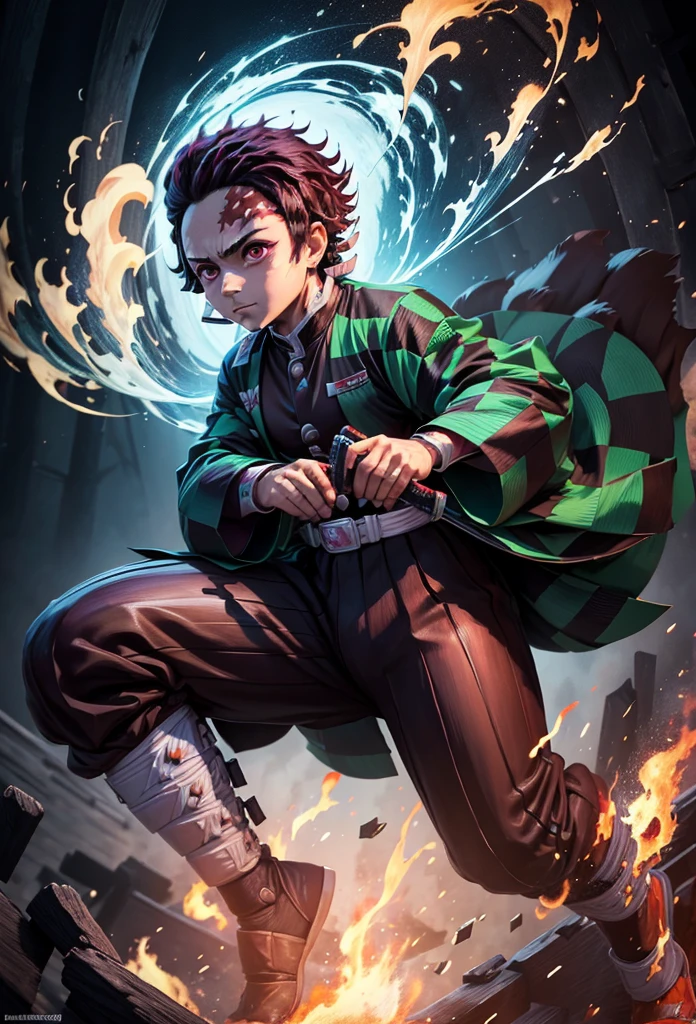 Kamado Tanjiro,(Kimetsu No Yaiba),Full Style,Ultra High Quality,Ultra High Resolution,Photograph 8K,Holding a Katana,One Boy,Ultra Detailed ,Demon Hunter Suit,Hino Kami Kagura Teknik