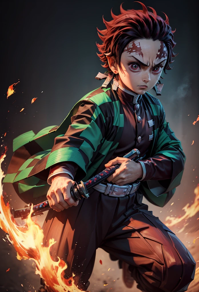 Kamado Tanjiro,(Kimetsu No Yaiba),Full Style,Ultra High Quality,Ultra High Resolution,Photograph 8K,Holding a Katana,One Boy,Ultra Detailed ,Demon Hunter Suit,Hino Kami Kagura Teknik