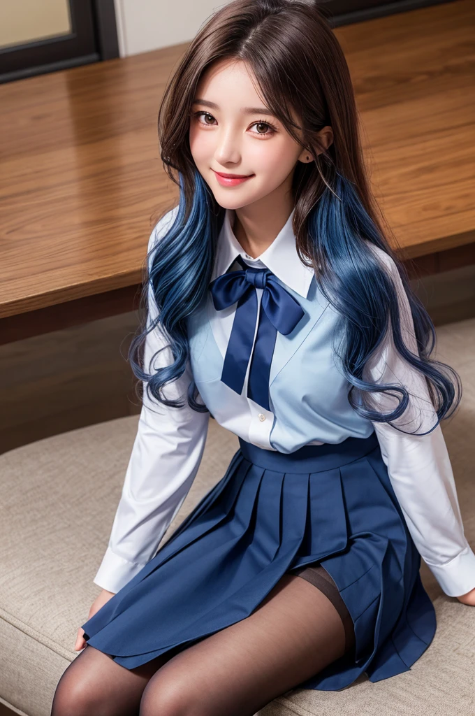 Highest quality,girl,high school girl,uniform,White long sleeve blouse,Dress shirt,Navy blue pleated skirt,Black knee-high, Brown and light blue hair, Brown eyes,cute,Sitting,wavy hair,smile,