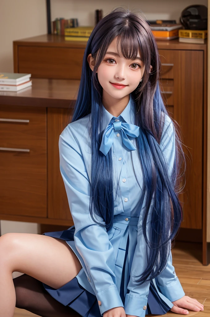 Highest quality,girl,high school girl,uniform,White long sleeve blouse,Dress shirt,Navy blue pleated skirt,Black knee-high, Brown and light blue hair, Brown eyes,cute,Sitting,wavy hair,smile,
