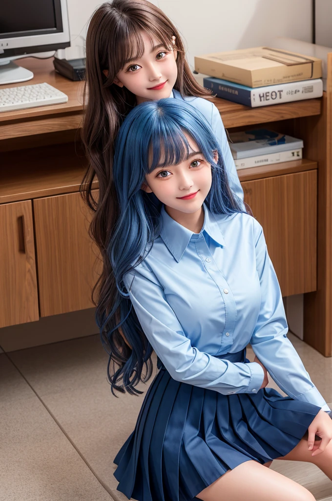 Highest quality,girl,high school girl,uniform,White long sleeve blouse,Dress shirt,Navy blue pleated skirt,Black knee-high, Brown and light blue hair, Brown eyes,cute,Sitting,wavy hair,smile,